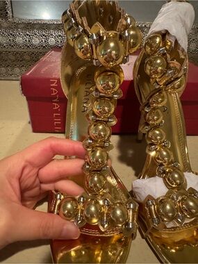 Liliana Gold Metallic Beaded T-Strap Heels